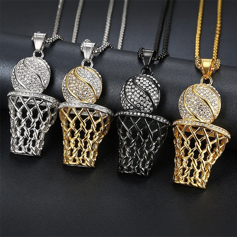 Basketball Hoop stainless steel black gold silver color Pendant Necklace Men Long Chain Necklace Gifts Sports Hip Hop Jewelry
