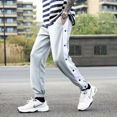 Basketball sports pants men's gray beam legs jogger pants full open buckle fashion button pants loose sweatpants trousers